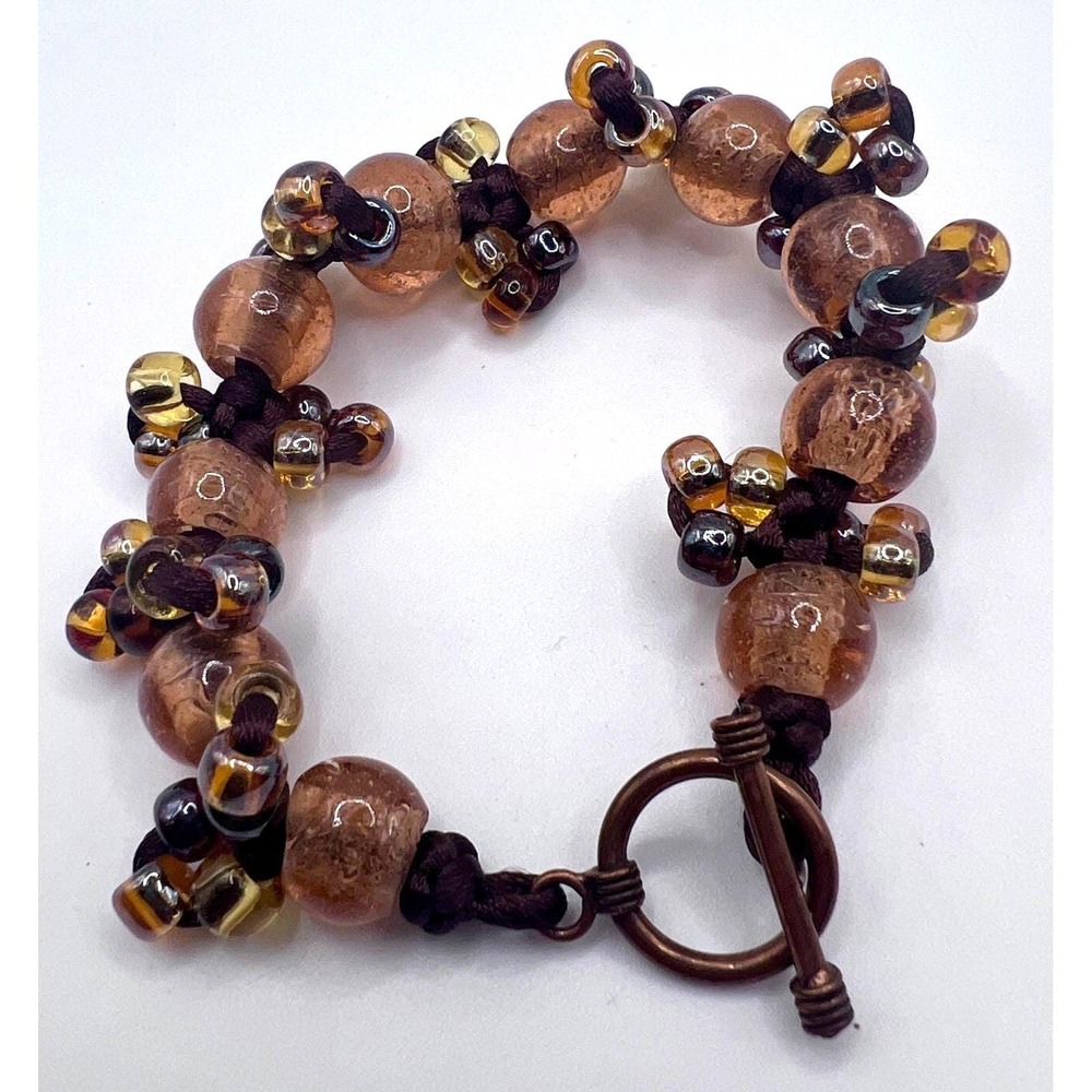 Handmade Glass Bead Cluster Bracelet Brown‎ Amber Tones Toggle 8"